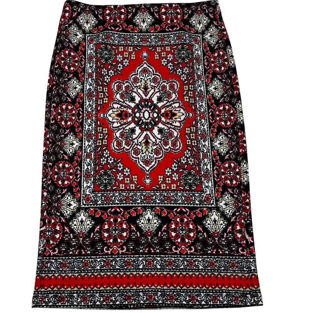 Carmen Marc Valvo Floral Boho Smooth Scuba Knit Stretch Midi Skirt Women's Small